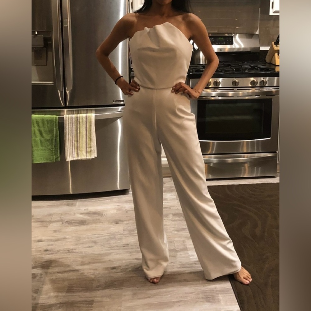 white strapless jumpsuit seashell bust wider leg pants small pageant interview